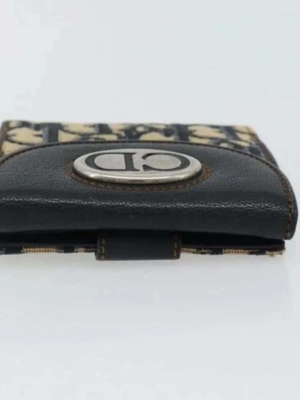 Christian Dior Trotter Canvas Compact Wallet Navy Silver Auth 181463A